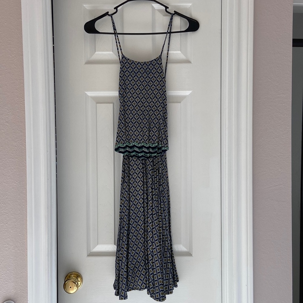EARTHBOUND Navy and Teal Patterned Tiered Maxi Dress